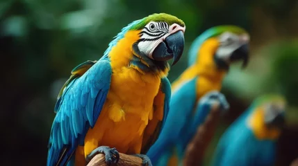 Papier peint photo Perroquet A vibrant blue and yellow parrot perched, showcasing its beautiful feathers and curious expression in a lush, green environment.  © MP-AI