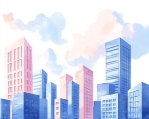 Obraz premium A vibrant city skyline featuring modern buildings with colorful reflections and soft clouds in the background.