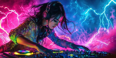 emale EDM dj playing colorful music in colorful electricity, 