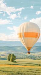 Naklejka premium A vibrant hot air balloon floats gracefully over picturesque fields and hills under a clear blue sky.