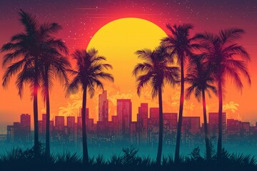 City Skyline with Palm Trees and a Large Orange Sun