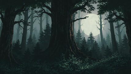 dark forest minimalist illustration eerie scary background