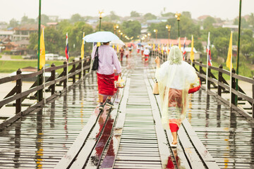 Beautiful landscape, Mon Bridge or Umanmanat wooden bridge. The longest wooden bridge in Thailand At Sangkhla Buri, Thailand