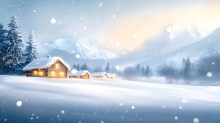 A cozy snow-covered village with wooden cabins, nestled between towering mountains, gentle snow falling softly, Fantasy, Watercolor, warm lights glowing from windows