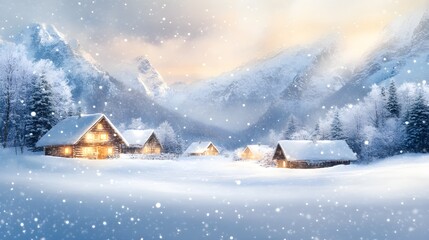 Fototapeta premium A cozy snow-covered village with wooden cabins, nestled between towering mountains, gentle snow falling softly, Fantasy, Watercolor, warm lights glowing from windows