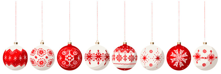 Red and white illustration of Christmas ball ornaments hanging