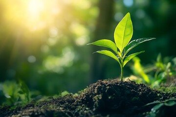 Close up of a small green plant sprout growing in soil with sunlight shining in the background. Concept of new life, growth, and nature