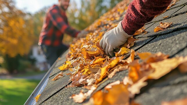 Person cleaning autumn leaves from a roof, emphasizing fall maintenance and home care.