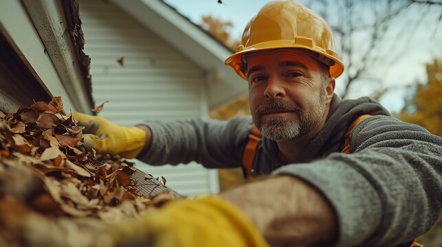 Worker in safety gear cleaning gutters filled with leaves, ensuring proper water drainage and home maintenance.