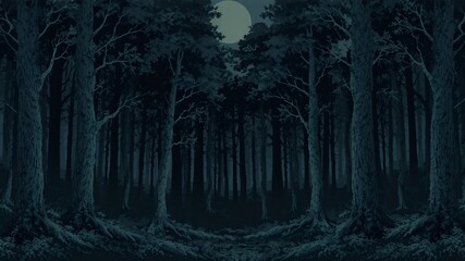 dark forest minimalist illustration eerie scary background