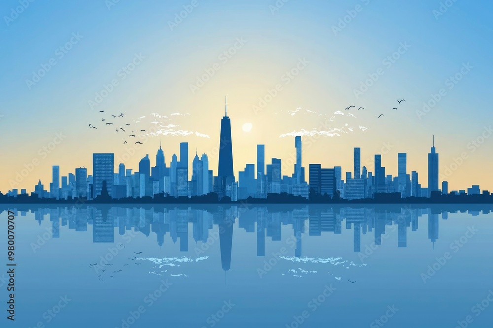 Wall mural Cityscape with Silhouetted Buildings Reflected in Water