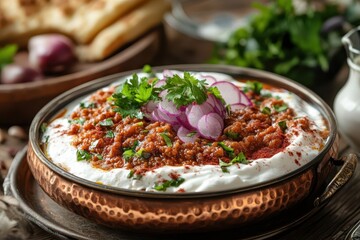 Iskender kebab Classic Turkish dish served with yogurt on vintage copper plate