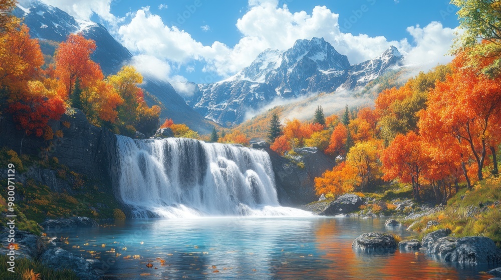 Poster Autumn Waterfall in Mountainous Landscape