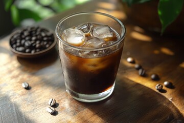 Japanese iced coffee on a wooden surface brewed hot over ice for quick cooling featuring Wamena beans