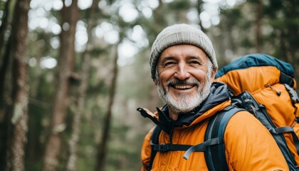 Fototapeta premium Joyful adult hiker with a pack grinning in the forest