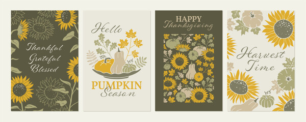 Happy Thanksgiving greetings card set. Holiday background with fall leaves, pumpkins and sunflowers. Autumn decorative posters with hand drawn illustration.