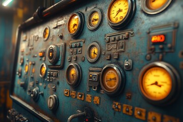 Detailed shot of a steel tank's control panel, featuring vintage dials and switches, Retro-futurism, Sepia tones, Soft lighting, 3D illustration