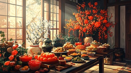 Traditional Asian New Year Feast by Window