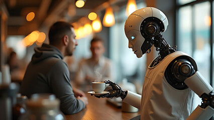 Robot barista helping at coffee shop