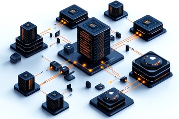 A diagram of a distributed database system, showing multiple interconnected nodes, servers, and client access points