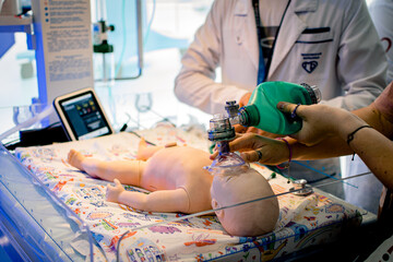 A special mannequin designed for training specialists in the care and resuscitation of newborn babies.