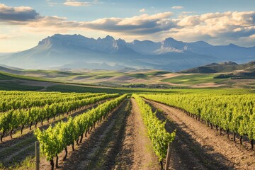 Fototapeta premium La Rioja Spain vineyards set against the Demanda mountains