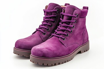 Laced men s winter boots on a white backdrop Close up of purple rubber and suede shoes Trendy winter footwear