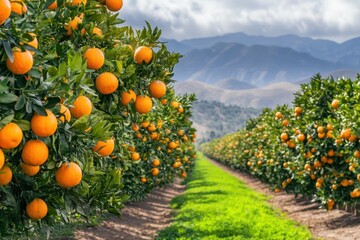 Landscape of tree rows in a California orange grove