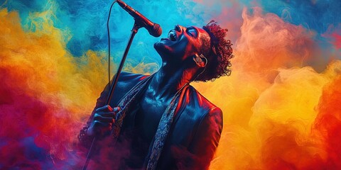 Obraz premium soul singer singing colorful music in colorful fog
