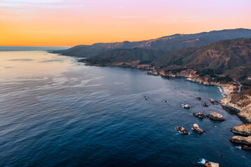 Highway 1 and Big Sur along the Pacific Ocean coast, beautiful landscape and aerial view, sunset, sunrise, fog. Concept, travel, vacation, weekend