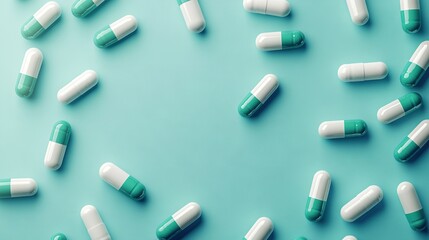   A cluster of green and white tablets on a blue and white background with one green tablet positioned centrally among the others
