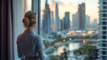 Businesswoman standing by a window overlooking an urban skyline