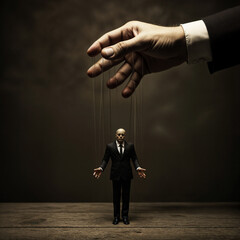 a hand pulling strings connected to a puppet wearing a suit and tie, with the puppet being a bearded man in a suit.