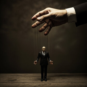 a hand pulling strings connected to a puppet wearing a suit and tie, with the puppet being a bearded man in a suit.