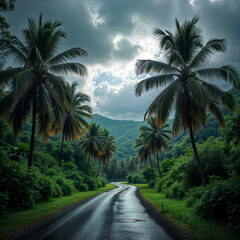 Fototapeta premium a road with palm trees on both sides, and the sun is shining through the clouds, creating a beautiful and serene atmosphere.