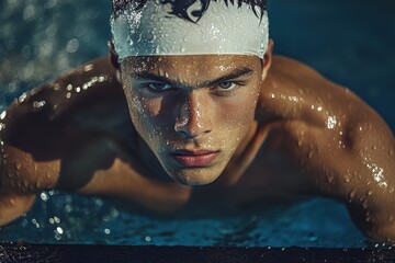 Male swimmer poised on starting block for race