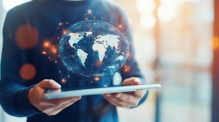 Professional holding a tablet with global network graphics