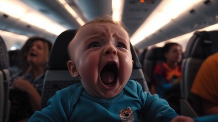 Crying baby on airplane, highlighting discomfort and stress during flights.