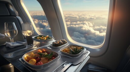 In-flight meal setup with gourmet dishes and wine, showcasing the luxury of air travel dining against a backdrop of clouds.