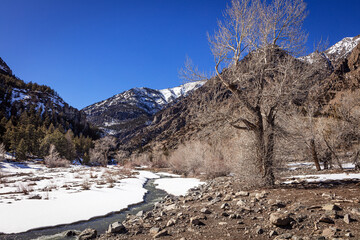 Snow-covered Shoshone River in the Rocky Mountains  of northwest Wyoming, USA. 