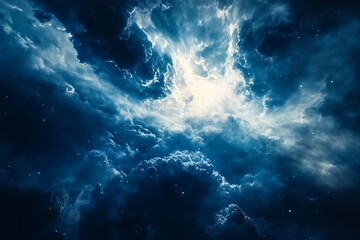 Obraz premium Abstract celestial landscape with clouds, bright light, and stars in a dark blue sky