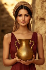 A woman in a red dress with long hair is holding a gold vase. The image has a warm and inviting mood, with the woman's long hair and the gold vase adding a touch of elegance and sophistication