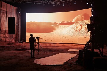 Offstage image of a virtual production set featuring large LED displays cinematographer filming a Mars scene Future of filmmaking