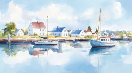 Obraz premium A calm bay with colorful coastal houses and sailboats, soft watercolor brushstrokes blending into oil painting textures, peaceful scene