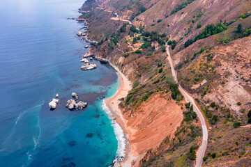 Highway 1 and Big Sur along the Pacific Ocean coast, beautiful landscape and aerial view, sunset, sunrise, fog. Concept, travel, vacation, weekend