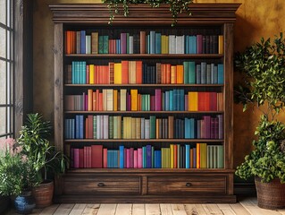 Colorful books and decor bring warmth to this vintage bookshelf image