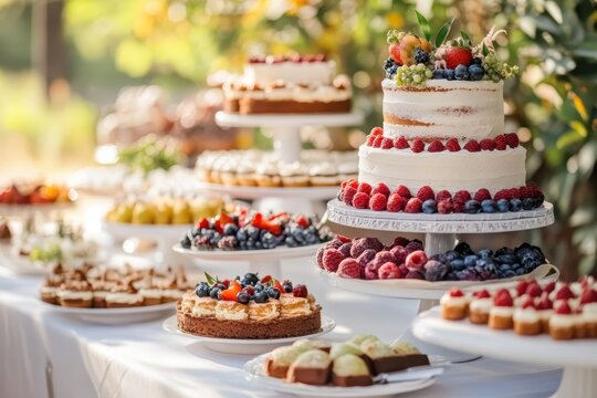 Outdoor wedding dessert display featuring beautifully decorated homemade cakes and sweets made from fresh ingredients set against a blurred backdrop with ample space for text