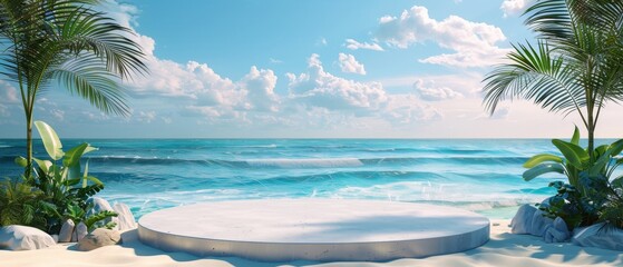 A podium on the beach with palm trees under an azure sky. Empty podium for product presentation.