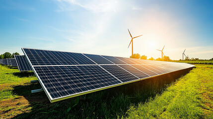 Solar Energy Field: Gleaming Panels, Bright Sunlight, Wind Turbines, Green Landscape, Sustainable Technology, Clean Energy Future