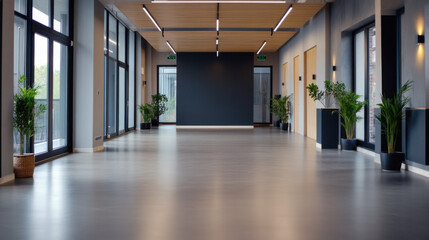 Obraz premium Spacious, well-lit office hallway with large windows, potted plants, and wooden ceiling panels for a modern, clean design.